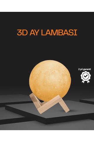 Ahşap Standlı 3d Baskı Ay Lambası 16 Renkli Ve Şarjlı Renkli