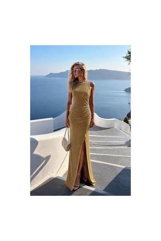 DefyModa Kadın Sade Simli Kumaş Dik Yaka Taş Detaylı Abiye Elbise Gold
