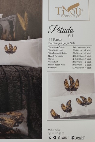 11 Parça Battaniyeli Çeyiz Seti - Tafta Yatak Örtüsü & Nevresimli Çeyiz Takımı-peludo-gri Grı Gri