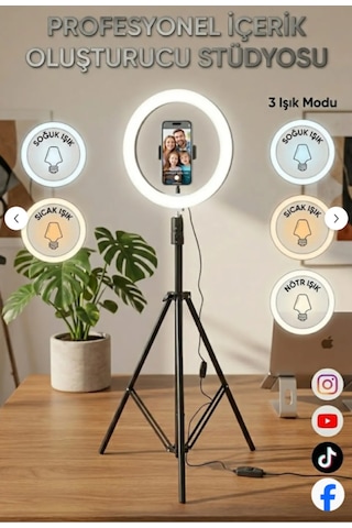 10"inç Ring Light Youtuber Tiktok Çekim Işıklı Telefon Tutucu+tripod 2.10 M Kumandalı
