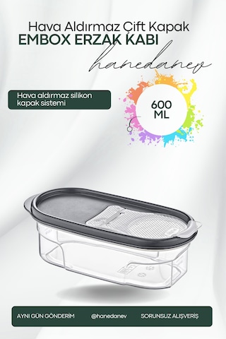 Embox Çift Kapak Sistemli Erzak Kabı - Hava Aldırmaz Kapaklı Saklama Kabı 600 Ml 9 X 6 Cm Şeffaf