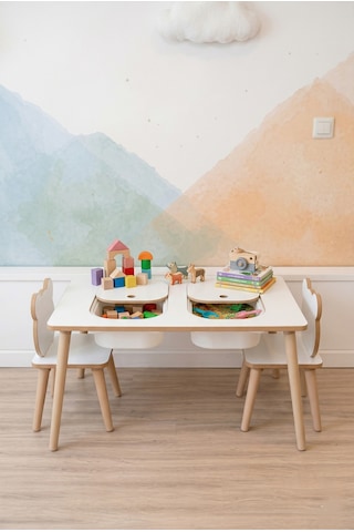 Montessori Çocuk Masası-oyun Masası-aktivite Masası-etkinlik Masası Takımı 2 Panda Sandalye Byzpnd Beyaz