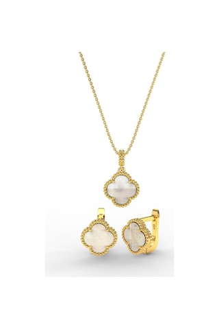 Erdobia 925 Ayar Beyaz Sedef Taşlı Gold Yonca Kolye Küpe 2'li Gümüş Set-takım