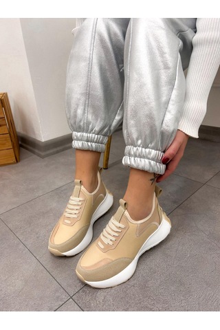 Erva'nın Butiği Bej Triko Mines Kadın Bağcıklı Sneakers-5222