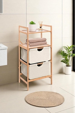 Digithome Bambu 2 Raflı 2 Çekmeceli Banyo Düzenleyici Çekmeceli Dolap Komodin Db-0045 Kahverengi