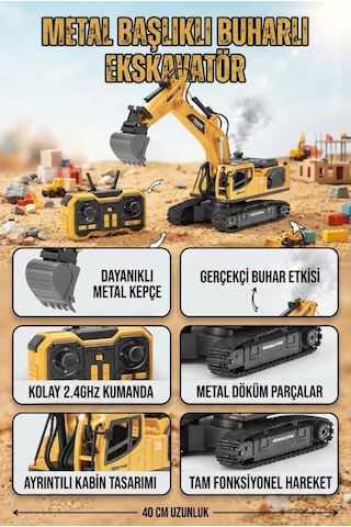 Metal Başlıklı Buharlı 1:18 Ölçekli Uzaktan Kumandalı 10 Fonksiyonlu 2.4 Ghz Oyuncak Ekskavatör Sarı