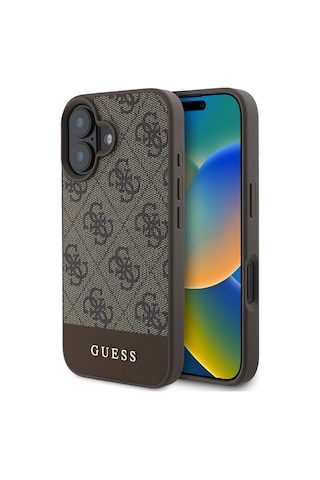Apple Uyumlu iPhone 16 Kılıf Guess Lisanslı Pu Deri Şerit Logo Dizaynlı Kapak Kahverengi