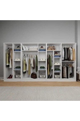 Kardelen Serisi 340 Cm Mat Beyaz 9 Kapılı 14 Raflı Elbise Dolabı - Gardırop Seti Beyaz