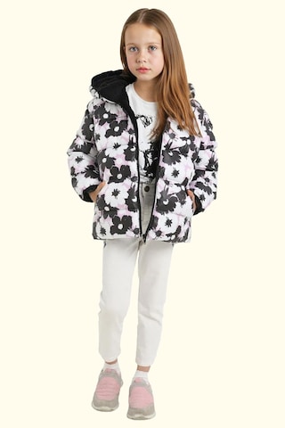 Kız Çocuk Pusula Desen Polar Su Ve Rüzgar Geçirmez Kapüşonlu Şişme Kışlık Mont Beyaz
