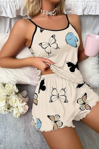 Bella Notte 2 Parça Kelebek Baskılı Şortlu Pijama Takımı Bej