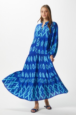 Modest Kadın Megan %100 Viskon Maksi Boy Mavi Katlı Balon Kol Uzun Yazlık Elbise Maviaçıkmavi Açık Mavi