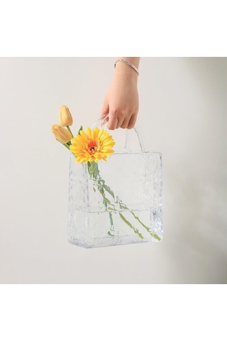 Çanta Vazo Köşeli Model Cam Çiçek Vazosu Dekoratif Şeffaf Vazo Büyük Boy Glass Bag Vase