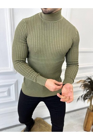 Kazak Slim Fit Tüylenmez Naturel Pamuk Triko Boğazlı Balıkçı Yaka Kazak Haki - Yeşil