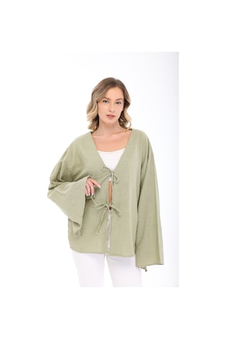 Blayn Jeans Blayn Kadın Keten Kimono Oversize Rahat Kalıp Yazlık Uzun Kollu Kimono Çağla Yeşili