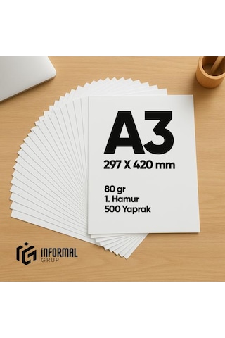İnformal Fotokopi Kağıdı Premium Kalite A3 80 Gr 500 Yaprak 1. Ha