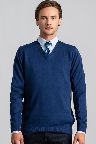 Tudors Slim Fit Dar Kesim V Yaka Pamuklu Erkek Kazak-22478 Mavi