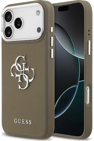 Apple Uyumlu iPhone 17 Pro Max Kılıf Guess Lisanslı Grained 4g Metal Büyük Logolu Kapak Kahverengi Kahverengi