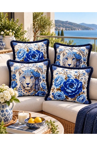 Mavi Leopar Desenli 4 Lü Saçaklı Kırlent Kılıfı 45 x 45