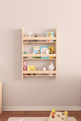 Step Montessori Boyasız Doğal Ahşap Duvara Monte Kitaplık Ahşap