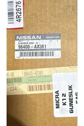 Nissan Micra Güneşlik Sağ K12 2004-2009 Adet