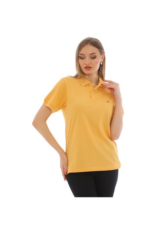 Kadın Hardal Pamuklu Likralı Polo Yaka Kısa Kollu Nakışlı Tişört Hardal