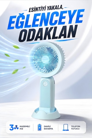 Şarjlı Taşınabilir Mini El Fanı 3 Kademeli Hız Ayarlı Telefon Standlı Vantilatör Mavi