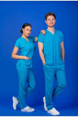 Tek Üst Unisex Kalıp Turkuaz Mavi Likralı Hemşire / Doktor Forması Scrubs Turkuaz