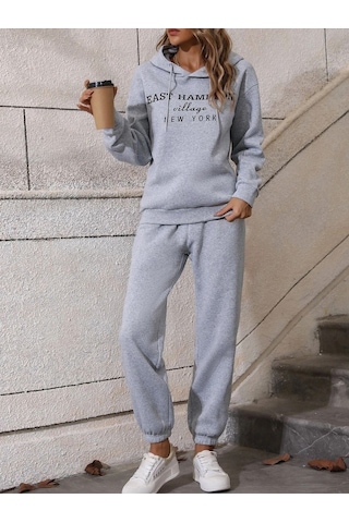 Hampton Eşofman Takımı Sweatshirt Jogger - Gri Baskılı Oversize Şardonlu Kapüşonlu Lastik Paça Gri