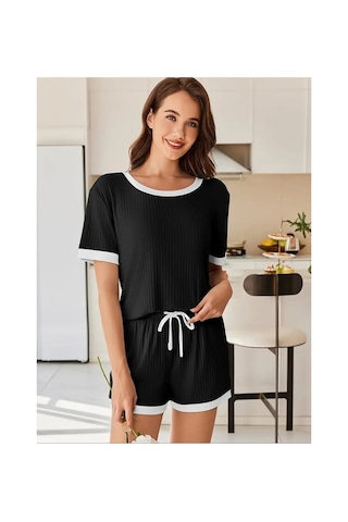 Elmoda Kadın Kaşkorse Kumaş Şortlu Ev Giyim Takım Siyah Beyaz Pijama Siyah Siyah