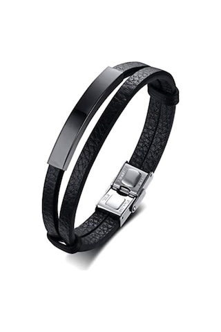 Brezza Lusso Jewelry Siyah Deri Zarif Tasarım Çift Sıra Erkek Deri & Çelik  Bileklik Siyah