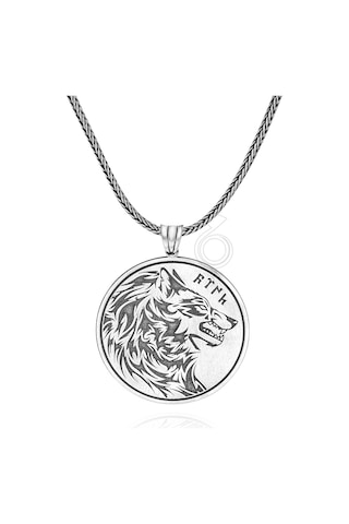 925 Ayar Gümüş Göktürk Türk Yazılı Bozkurt Tasarım Yuvarlak Erkek Kolye Gümüş