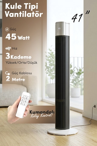 7go 7gtf2 41 İnç Kule Tipi Vantilatör Siyah 45w Turbo Force, Uzaktan Kumandalı, Sessiz, Zaman Ayar