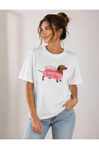 Bozzbozzcollection Kalpli Sosis Köpek Baskılı Beyaz Tişört Kadın
