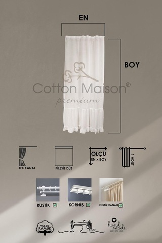 Fırfırlı Keten Tül Perde Tek Kanat Vintage Ekru