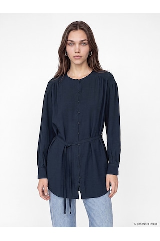 Lcw Modest Lacivert Kuşaklı Dokulu Kadın Gömlek Tunik