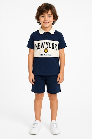 Eray Alp Kids Erkek Çocuk Mavi Polo Yaka New York Tişört Yazlık Günlük Model