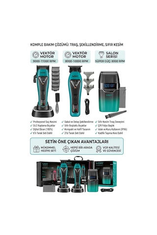 V-035c V-035t V-308 Saç Sakal Tıraş Makinesi Seti 3'lü - Taşıma Çantalı - Profesyonel Set