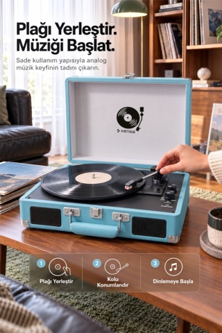 Kensa Bluetooth Lu Nostaljik Çantalı Pikap 33/45/78 Devir Dahili Bataryalı Plak Çalar Mavi