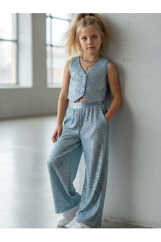 Zekids Kız Çocuk Işıltılı Yelek Pantolon Takım-16881 Mavi