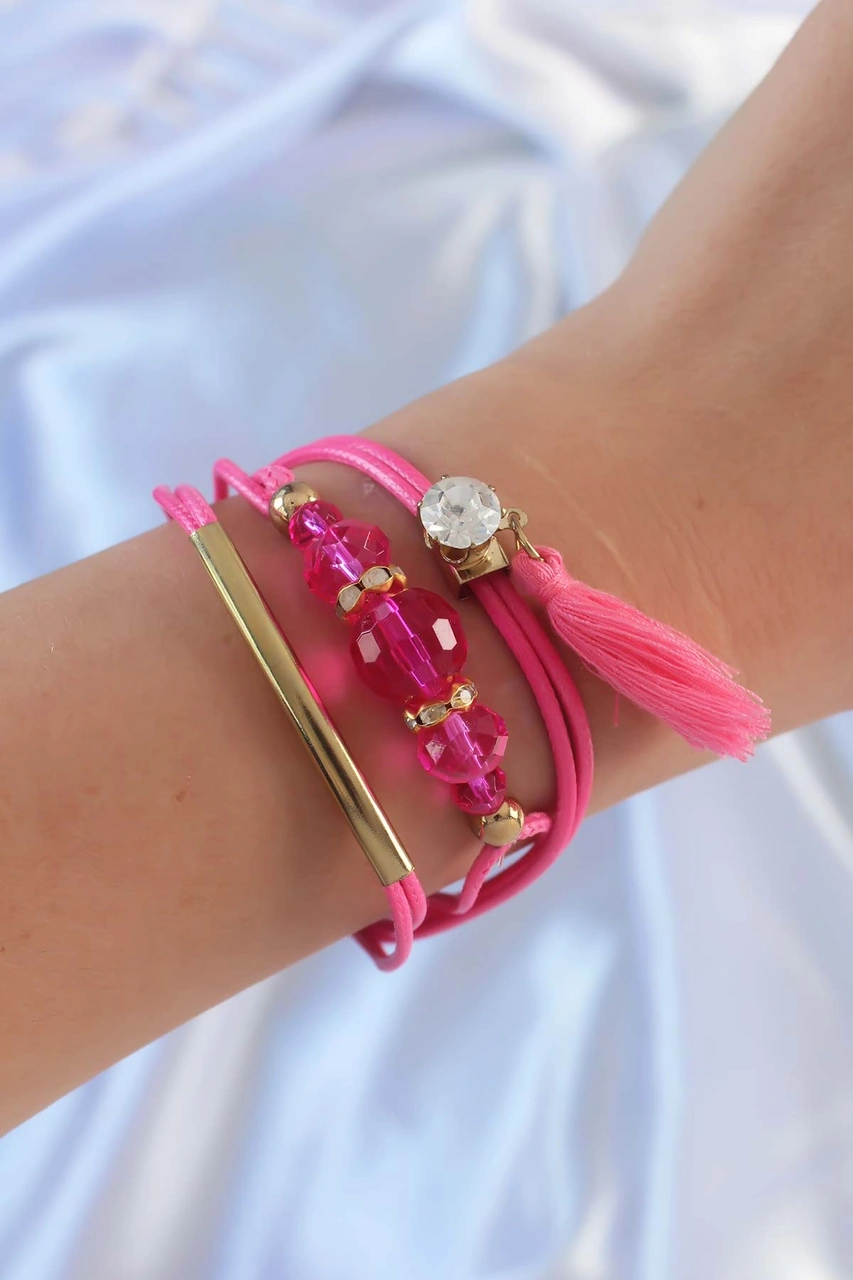 Tua Moda Pembe Zirkon Taşlı İpli Püskül Detay Çoklu Bileklik Çok Renkli