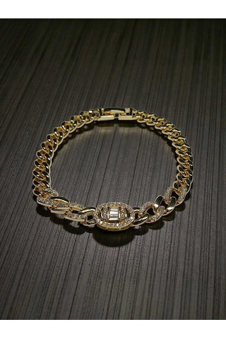 Modern Gurmet Tasarım Zirkon Taşlı Altın Kaplama Bileklik 18 Cm Gold