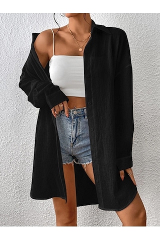 Kadın Oversize Uzun Gömlek - Siyah Düz Uzun Gömlek Siyah