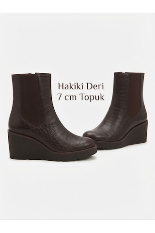 Noxmark Hakiki Deri Dolgu Taban Krokodil Desen Koyu Kahve Kadın Bot Acı Kahverengi