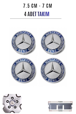 Mercedes Uyumlu Mavi Jant Göbeği Kapağı Arması 75 Mm 7,5 Cm 4'lü Takım