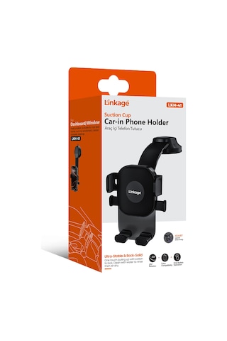 Linkage Lkh-41 Vantuzlu Araç İçi Telefon Tutucu 360 Döner Başlık Tek Tuşla Sabitleme Ön Cam & Siyah