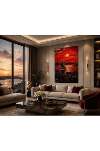 İstanbul Esintili Kızıl Gün Batımı Şehir Silüeti Kanvas Tablo Premium Dokulu Modern Duvar Dekoru Salon, Ofis, Çalışma Odası Ve Lüks Yaşam Alanları İçin Dekoratif Tablo