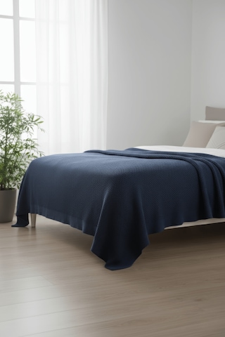 Liva Yumuşak Örgü Battaniye Düz Çift Kişilik 200x220 Cm İndigo Akrilik Yatak Örtüsü Dekoratif Şal Indigo