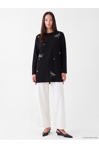 Lcw Everyday Siyah Boncuk İşlemeli Oversize Kadın Sweatshirt Tunik