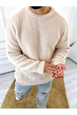 Elku Moda Kazak Oversize Tüylenmez Polar Kazak Bol Kesim Naturel Pamuk Rahat Kesim Salaş Peluş Kazak Krem