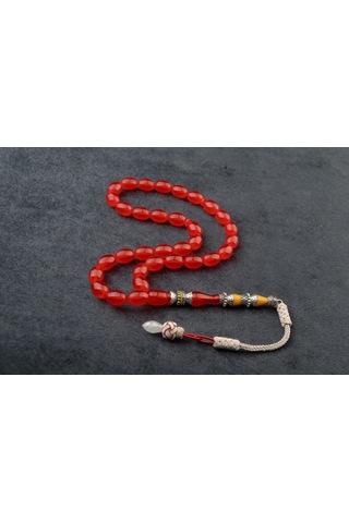 Burhan Sağlam Nakkaş İmame İşçilikli Ateş Kehribar Tesbih 11x8mm Alpaka Püskül Bs247336